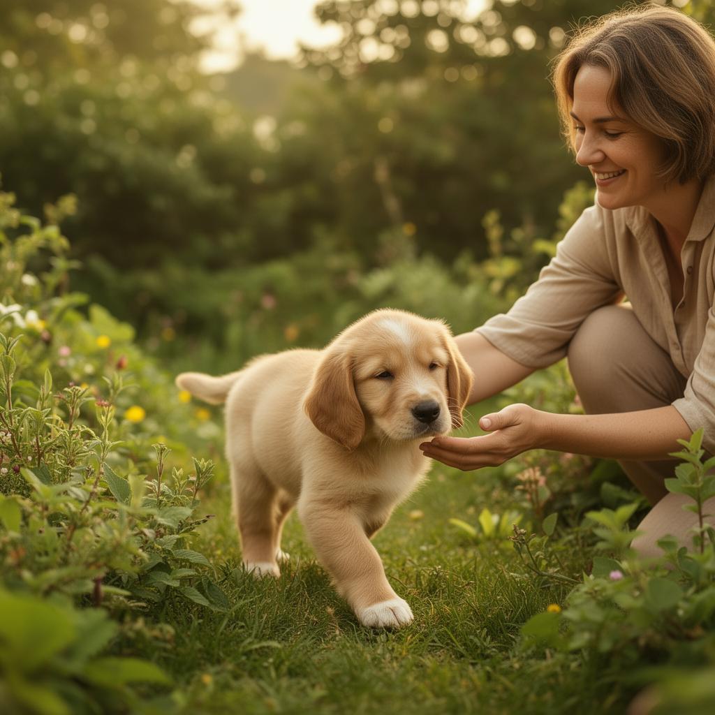 Cachorro explorando un jardín con una persona cuidando