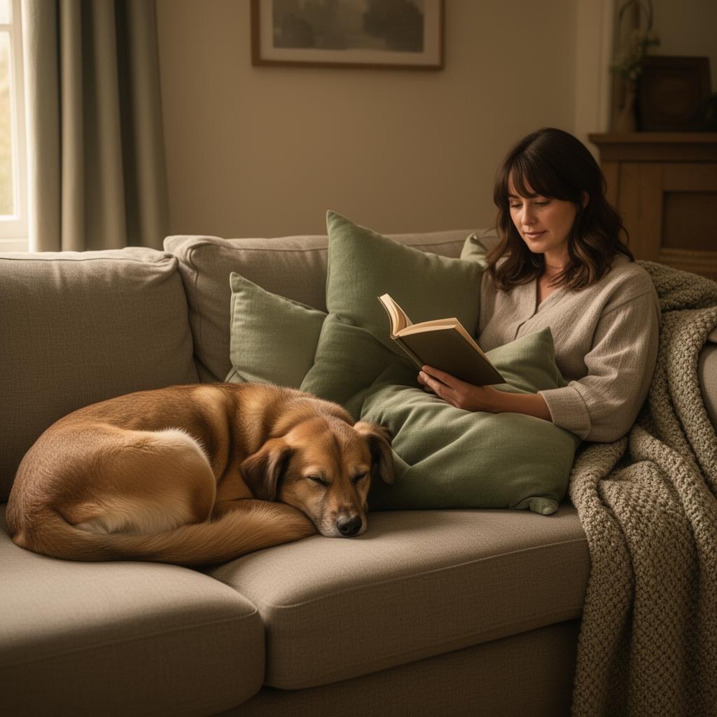 Person reading with a dog sleeping next to them on a cozy sofa